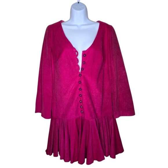 Vintage 80s Long Sleeve Drop Waist Skirted Jumper Romper Shorts Womens XL Pink - Picture 1 of 7